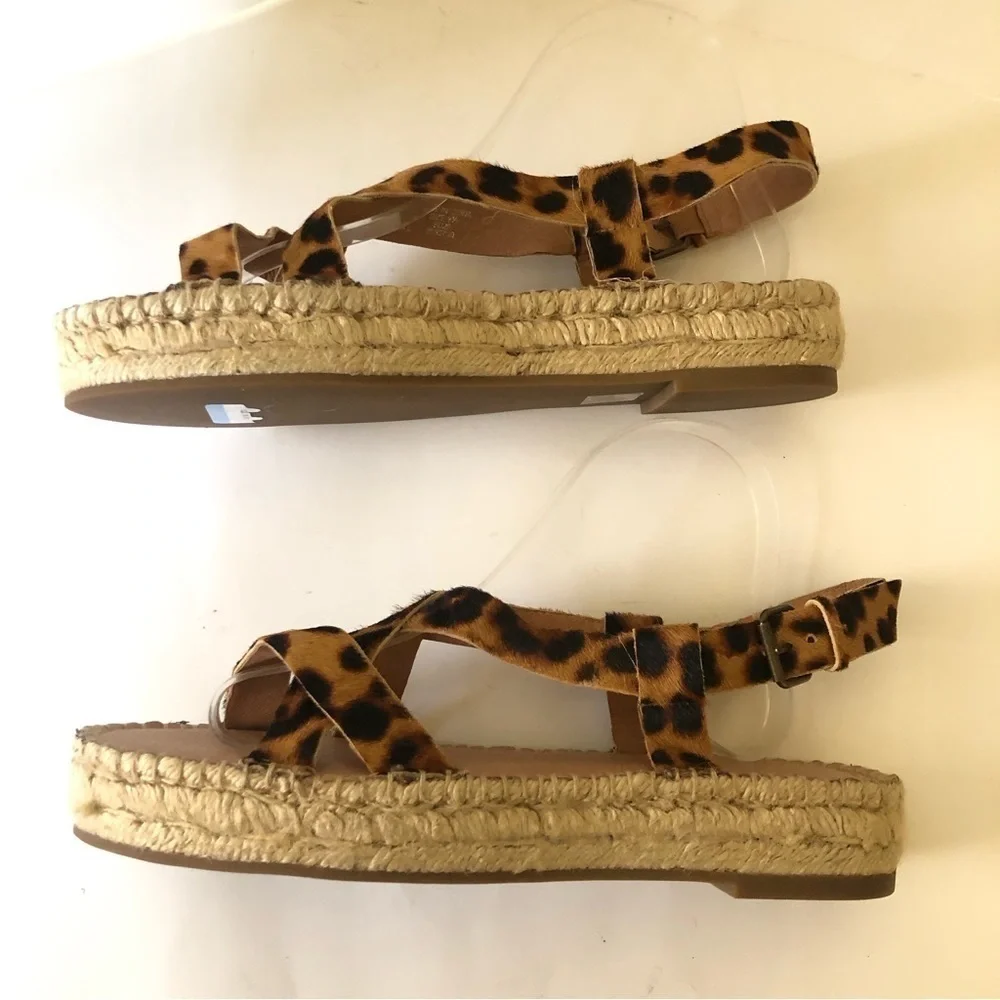Madewell Malia Asymmetric Leopard Leather Calf Hair Espadrille Sandal Size 91/2